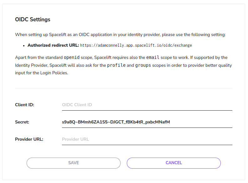 Enter secret into Spacelift OIDC settings