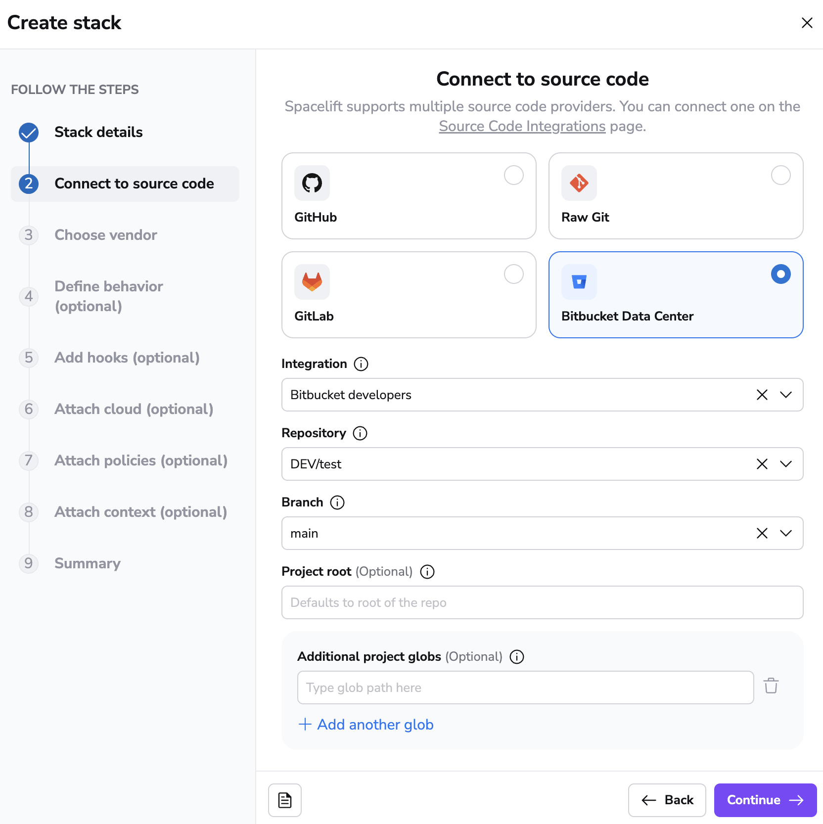 Creating a Stack with the Bitbucket Data Center integration