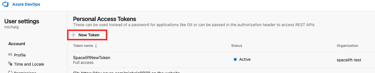 Personal Access Tokens page in Azure DevOps